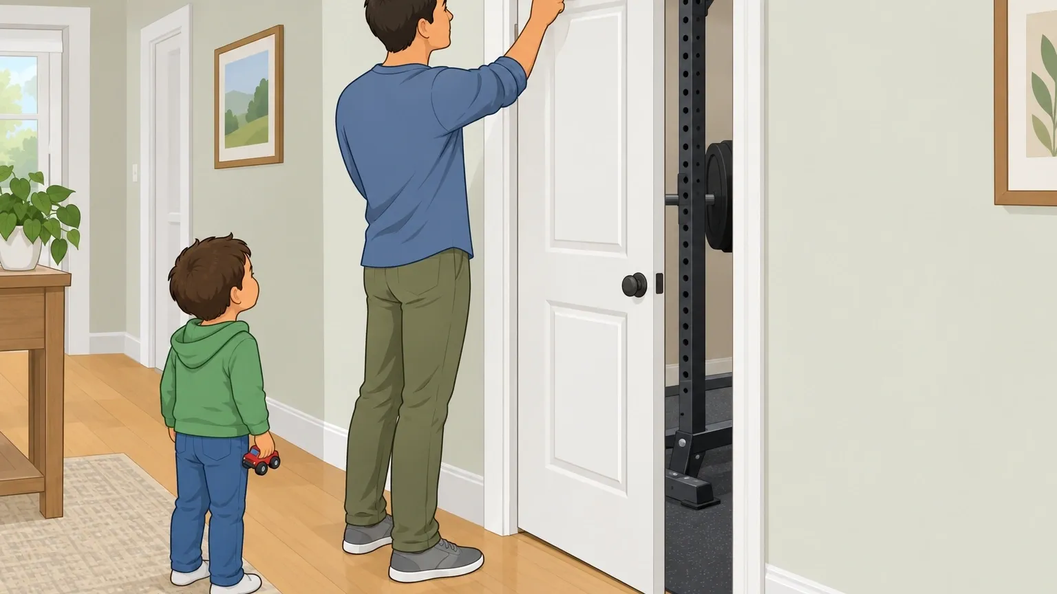 Parent's hand sliding a child safety lock on a gym door with a small child nearby