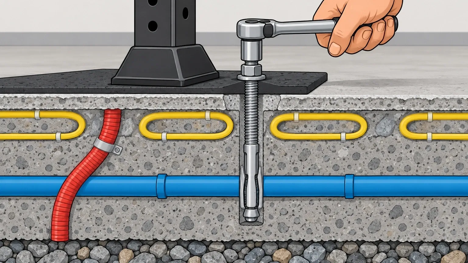 Cutaway illustration of a concrete slab with hidden pipes and cables below a bolted-down squat rack foot