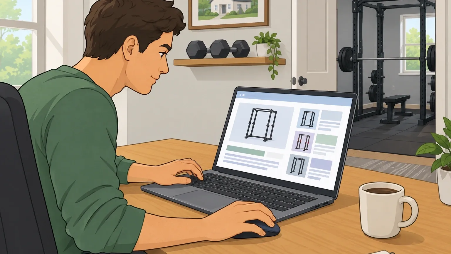 Homeowner researching squat rack bolting on a laptop while a power rack stands in the background