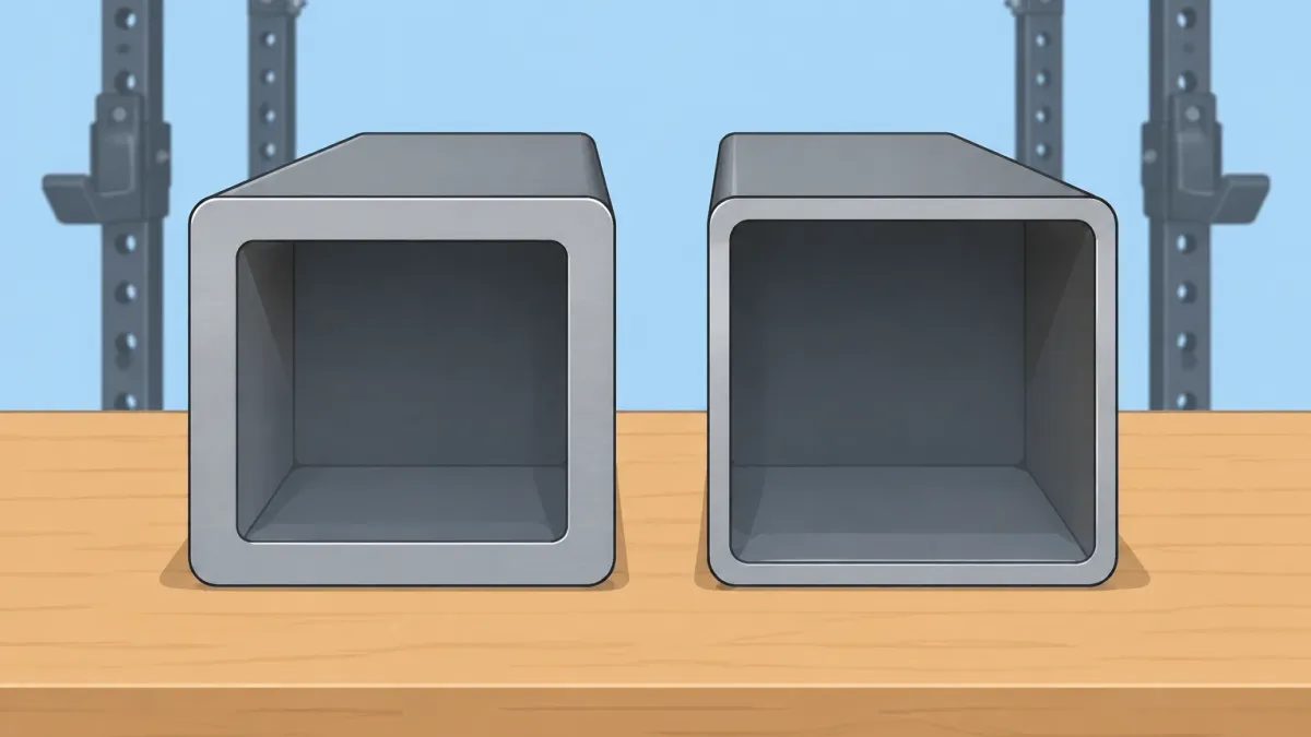 Cross-section comparison of 11 gauge and 14 gauge steel tube wall thickness for power racks, showing thicker wall on 11 gauge