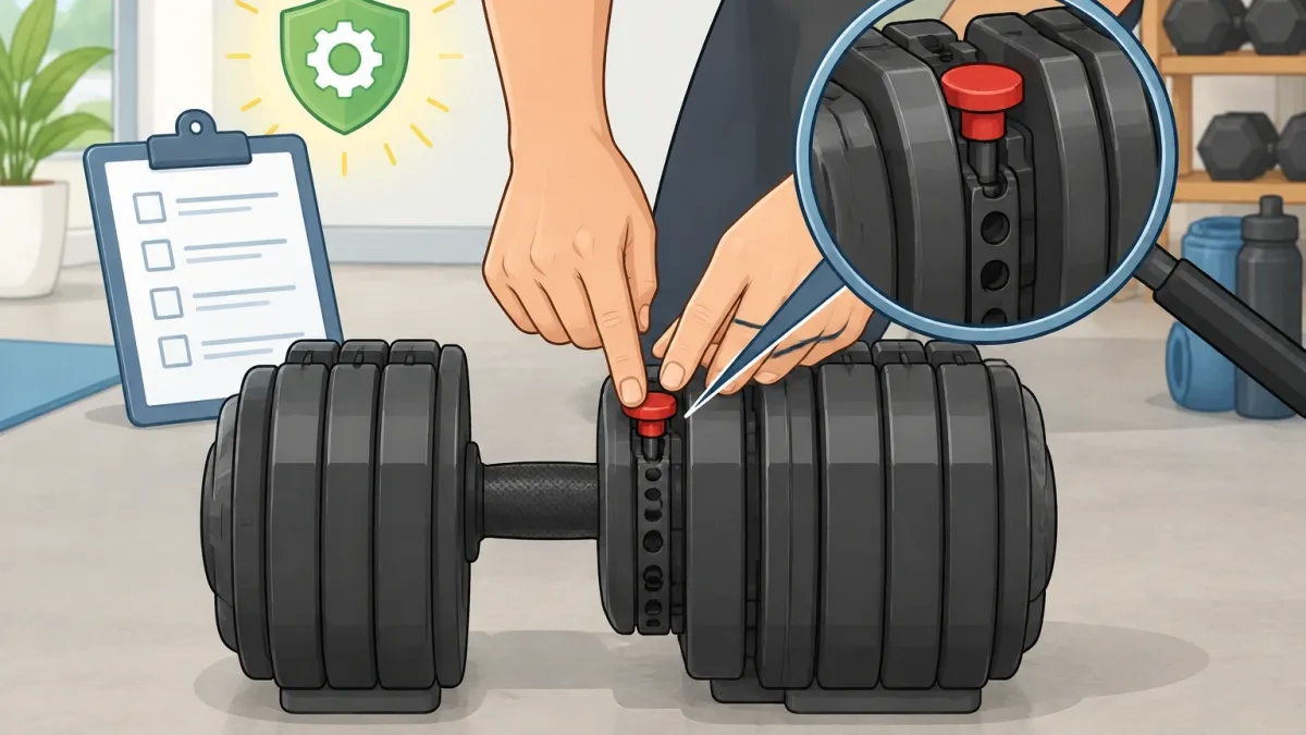Illustration of hands checking the selector pin mechanism of an adjustable dumbbell with a magnifying glass, representing safety checks before use.