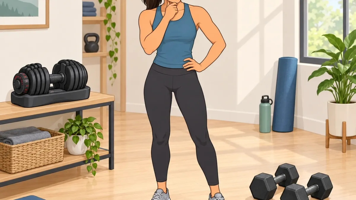 Illustration comparing a compact adjustable dumbbell on a tray with a pair of fixed hex dumbbells on the floor in a home gym