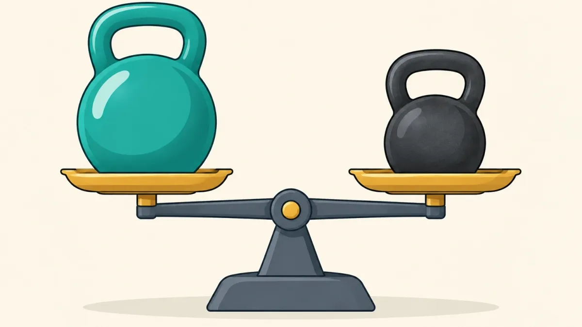 Illustration of a large teal competition kettlebell and a smaller black cast-iron kettlebell balanced on a scale, showing equal weight despite different sizes.