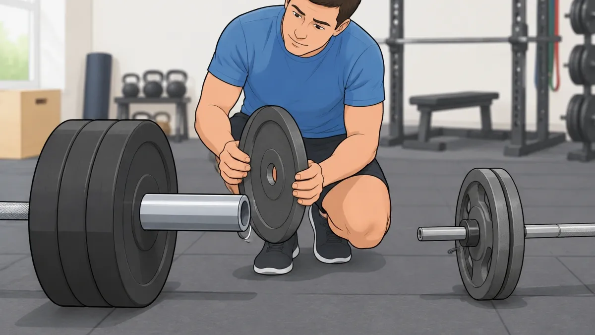 Side-by-side comparison of an Olympic barbell with a thick 50mm sleeve and a standard barbell with a thin 1-inch sleeve, showing a weight plate that does not fit onto the thicker sleeve.