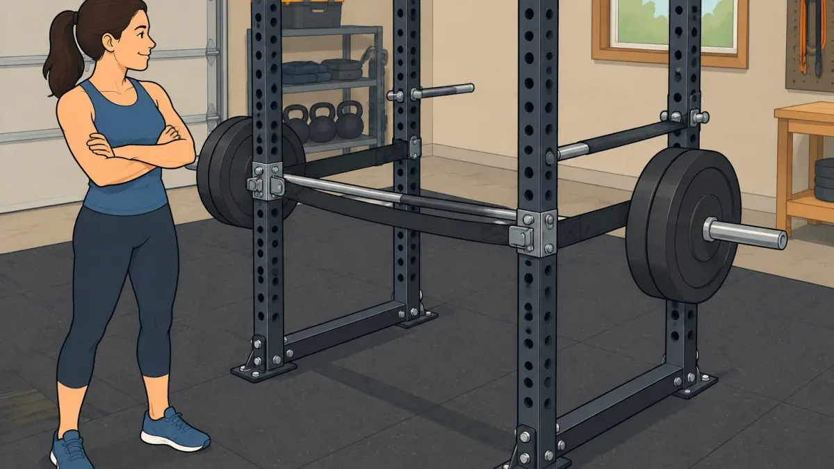 Illustration of a power rack with both safety straps and pin safeties, showing the two types of barbell catches.