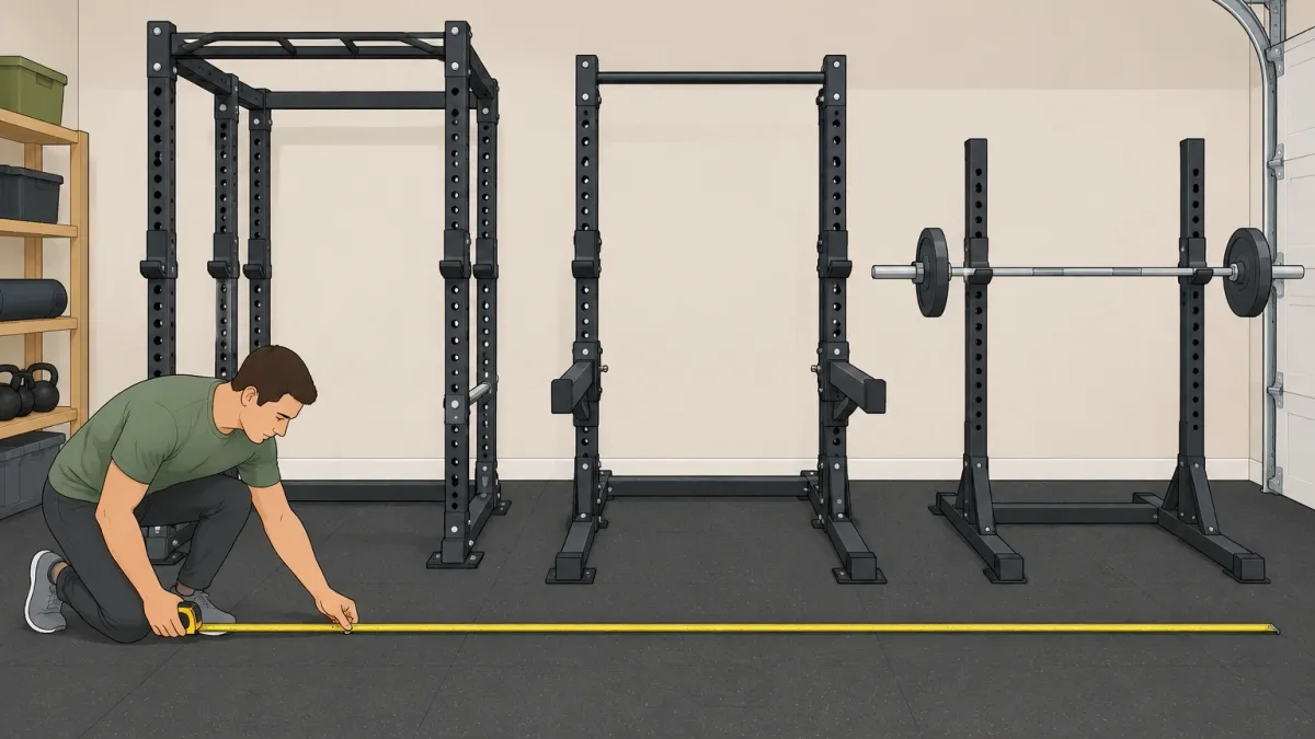 Illustration comparing a power rack, half rack, and squat stand in a home gym while a person measures the floor space with a tape measure.