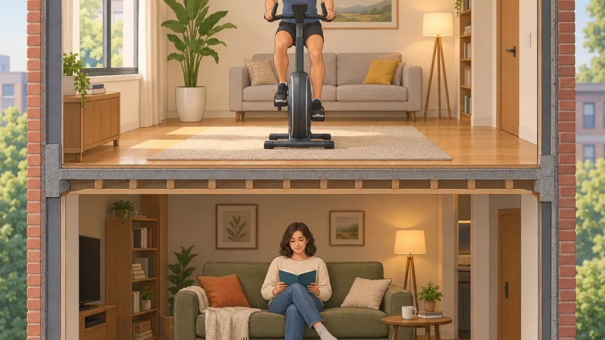 Cross-section illustration of a person riding a magnetic exercise bike upstairs while a neighbor calmly reads a book downstairs, showing the bike is quiet enough for apartment living.