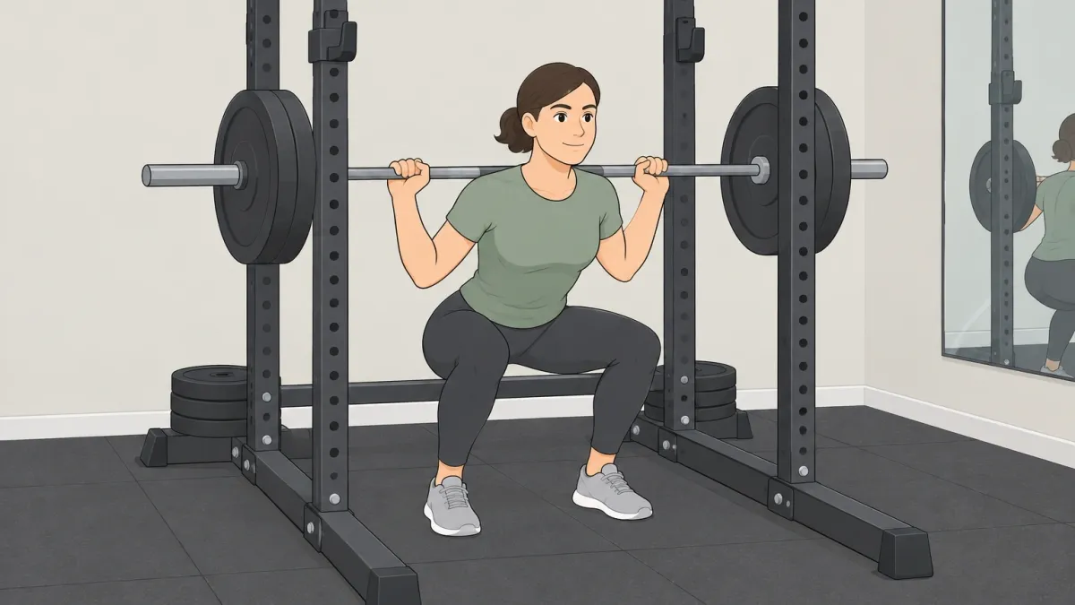 Illustration of a squat rack secured with a stabilizer base and weight plates, without bolting to the floor, with a person squatting safely.