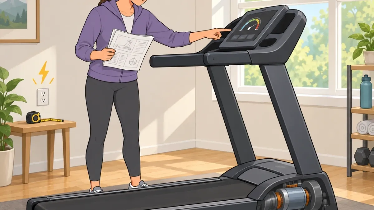 Illustration of a person comparing a treadmill's motor specs on the console while holding a spec sheet, in WikiHow style