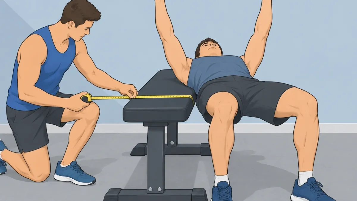 Person measuring weight bench pad width while another person performs a bench press with proper leg drive and shoulder placement