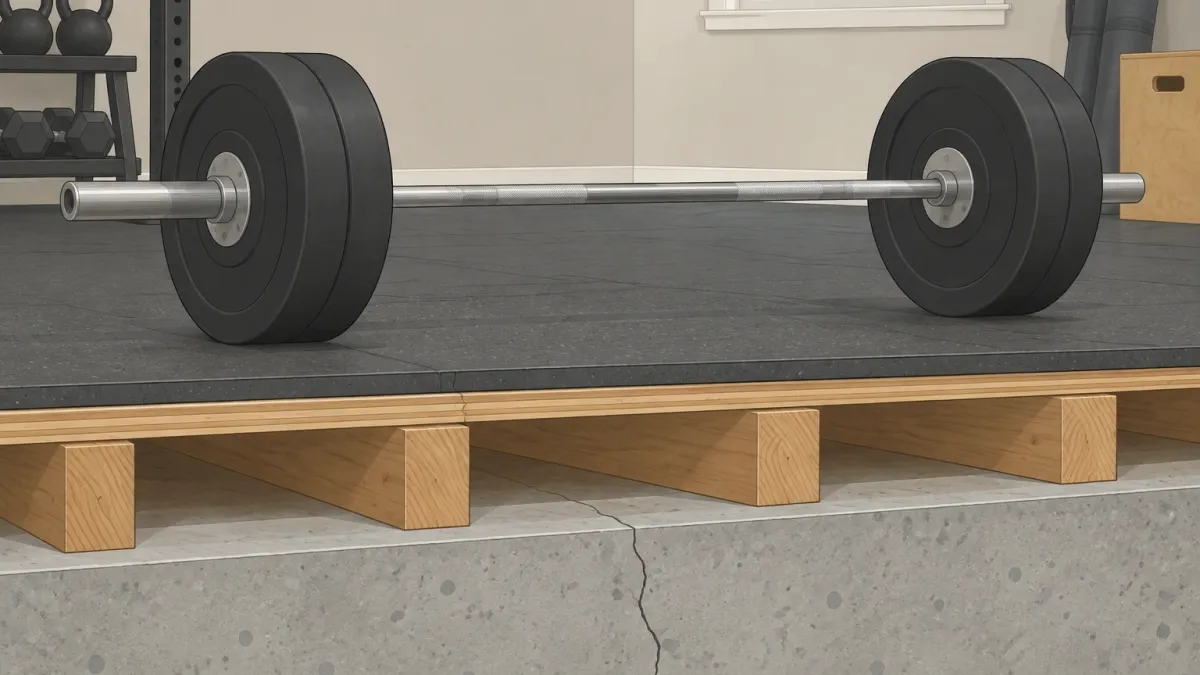Cutaway illustration of a loaded barbell with bumper plates resting on a home gym floor, revealing the wooden subfloor, joists, and concrete slab underneath