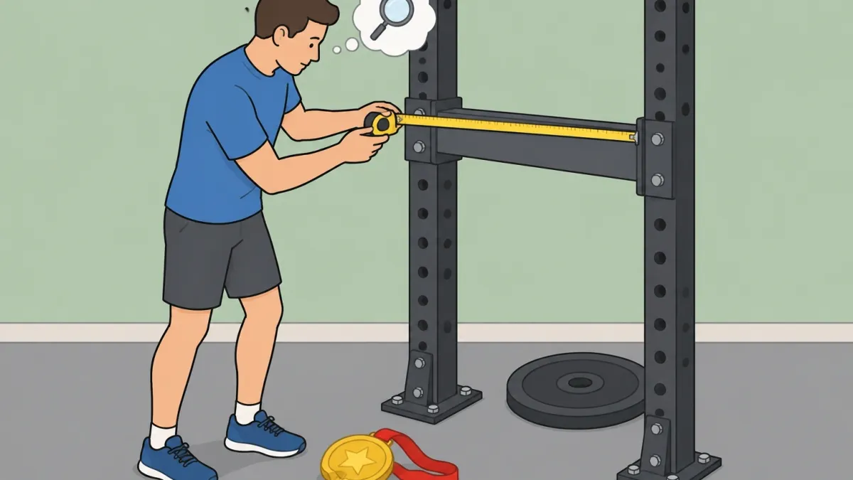 Person measuring the steel frame of a home gym power rack with a tape measure while a discarded award medal on the floor represents the meaningless commercial grade label