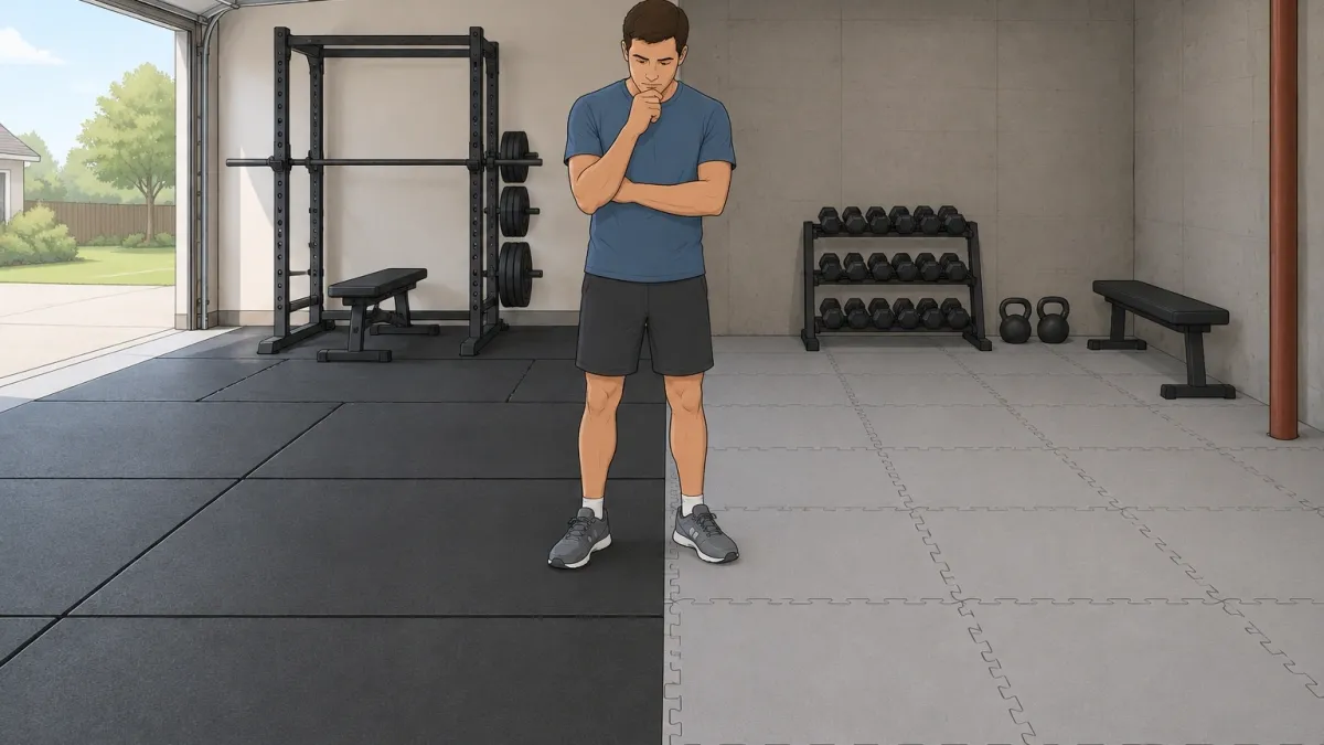 Illustration comparing horse stall mats and interlocking rubber tiles for a home gym flooring decision, with a person thinking about which to choose