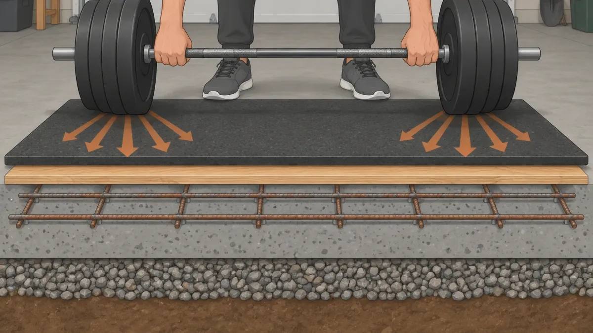 Illustration of a barbell being lowered onto rubber mat and plywood over a reinforced concrete slab cutaway, showing how impact spreads safely.