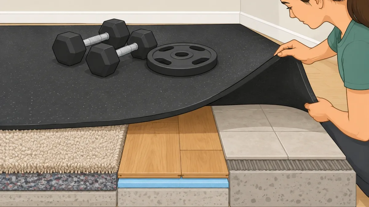 Illustrated cross-section of carpet, laminate, and tile floors with a rubber gym mat and weights on top, showing how to protect existing flooring in a home gym.