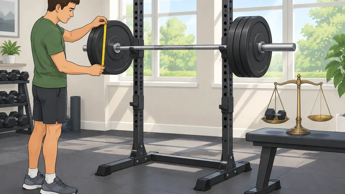 Person inspecting a used Olympic barbell with measuring tape in a bright home gym, symbolizing honest evaluation of fitness equipment resale value