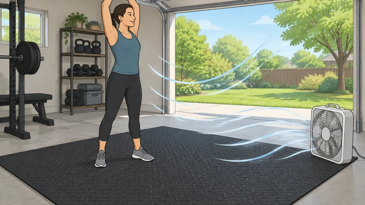 Illustration of a person standing on a black rubber stall mat in a ventilated garage gym with the garage door open and a fan blowing fresh air across the mat.