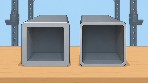 Cross-section comparison of 11 gauge and 14 gauge steel tube wall thickness for power racks, showing thicker wall on 11 gauge