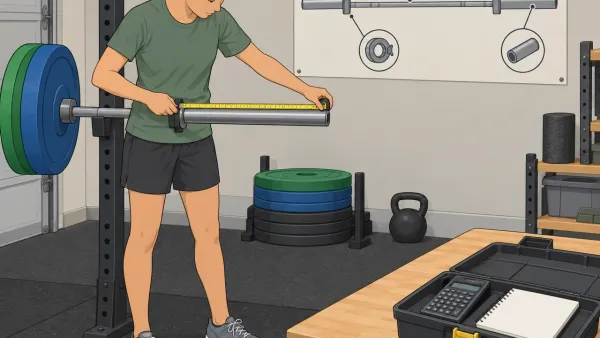 Home gym lifter measuring a barbell sleeve with a yellow tape measure while a diagram poster of barbell parts hangs on the wall behind
