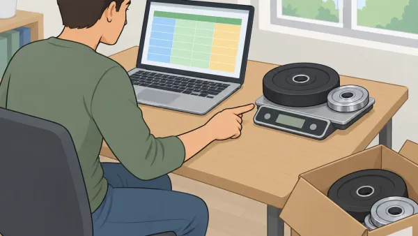 Illustration of a person calculating cost per pound of weight plates using a laptop, a scale, and a box of plates, in WikiHow style