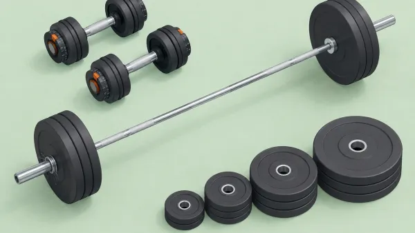 Top-down illustration of a complete home free-weight setup with a loaded barbell, a pair of adjustable dumbbells, and weight plates stacked by size on a clean mint background.