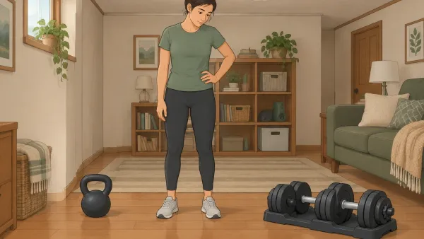 Illustration of a person deciding between a small kettlebell and a wider pair of adjustable dumbbells on the floor of a cozy room, showing the space each takes up.