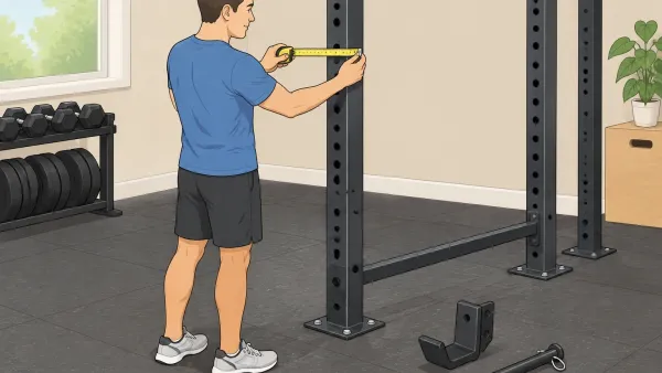 Person measuring the square steel upright of a power rack with a tape measure to check attachment compatibility