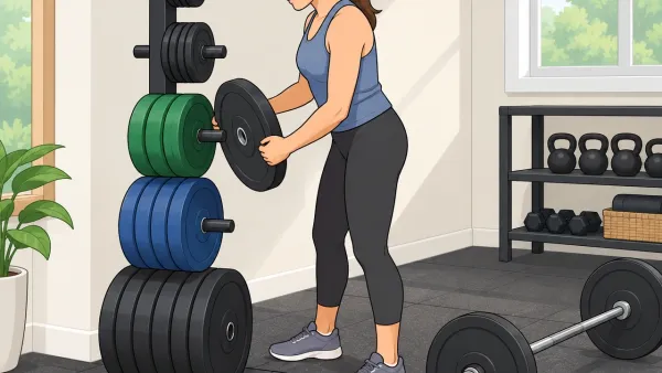Illustration of a tidy home gym with a plate tree holding weight plates neatly sorted, a person lifting a plate with ease, and a barbell nearby.