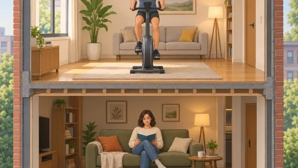 Cross-section illustration of a person riding a magnetic exercise bike upstairs while a neighbor calmly reads a book downstairs, showing the bike is quiet enough for apartment living.