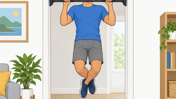 Illustration of a fit person performing a controlled pull-up on a securely mounted doorway pull-up bar at home, demonstrating proper form and safety