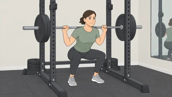 Illustration of a squat rack secured with a stabilizer base and weight plates, without bolting to the floor, with a person squatting safely.