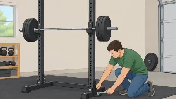 Person kneeling beside the base of a tall squat rack and inspecting the anchor point with a wrench