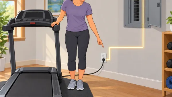 Illustration of a treadmill plugged into a dedicated wall outlet while a person stands nearby indicating the outlet.