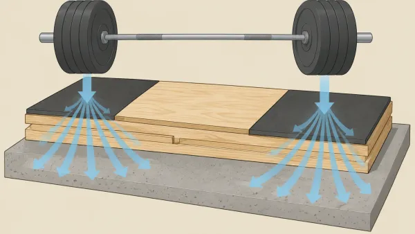 Cutaway illustration showing rubber mat layer on top of staggered plywood layers with a barbell above the platform