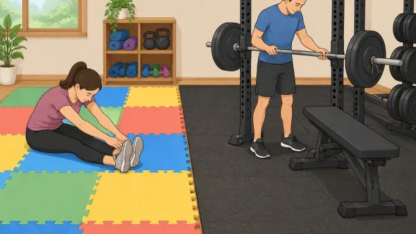 Illustration comparing foam puzzle tiles for stretching and a rubber mat under weight equipment in a home gym