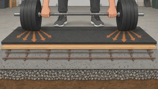 Illustration of a barbell being lowered onto rubber mat and plywood over a reinforced concrete slab cutaway, showing how impact spreads safely.