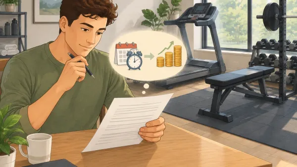 Illustration of a person reading a gym equipment financing contract with home gym equipment in the background and floating coins and a clock suggesting hidden interest