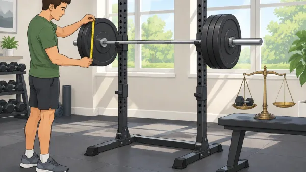 Person inspecting a used Olympic barbell with measuring tape in a bright home gym, symbolizing honest evaluation of fitness equipment resale value