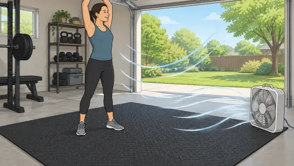 Illustration of a person standing on a black rubber stall mat in a ventilated garage gym with the garage door open and a fan blowing fresh air across the mat.