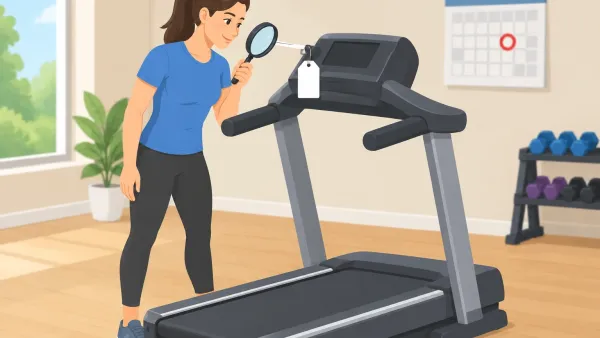 Shopper inspecting a product tag on gym equipment with a magnifying glass while a wall calendar with a red circled date hangs in the background